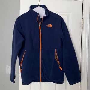 🟣2/$15 Sale Big boy’s North Face Denali navy/orange fleece zip-up jacket.